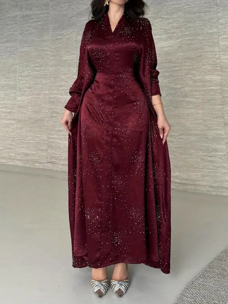 Elegant Burgundy Abaya Dress with Sequins