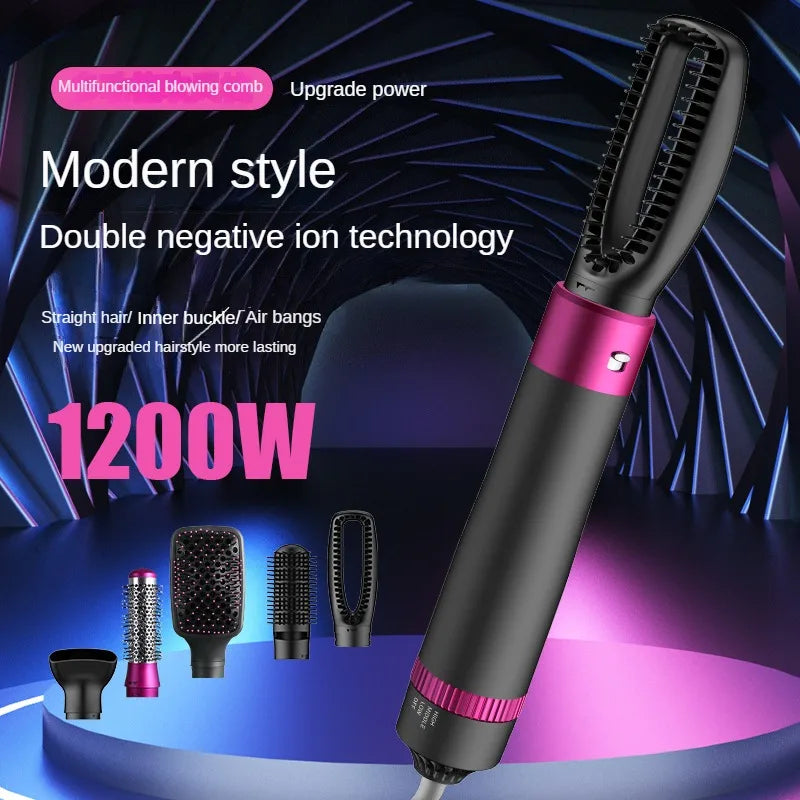 5 in 1 Negative Ion Hot Air Brush Kit Hair Dryer with 5 Detachable Brush Heads for Straightening and Curling Styling. - SHOPPING YARD