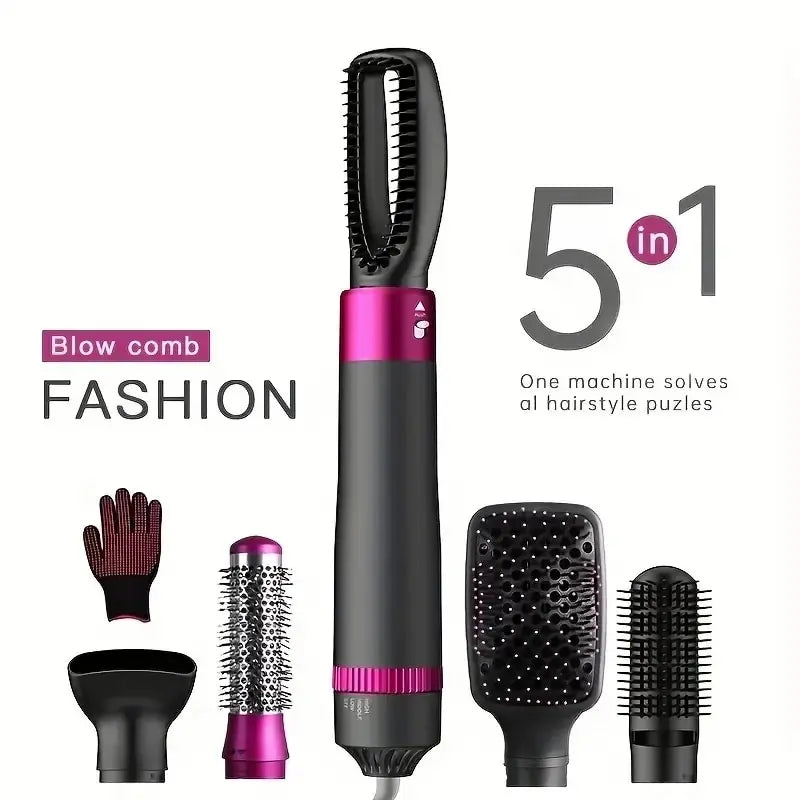 5 in 1 Negative Ion Hot Air Brush Kit Hair Dryer with 5 Detachable Brush Heads for Straightening and Curling Styling. - SHOPPING YARD