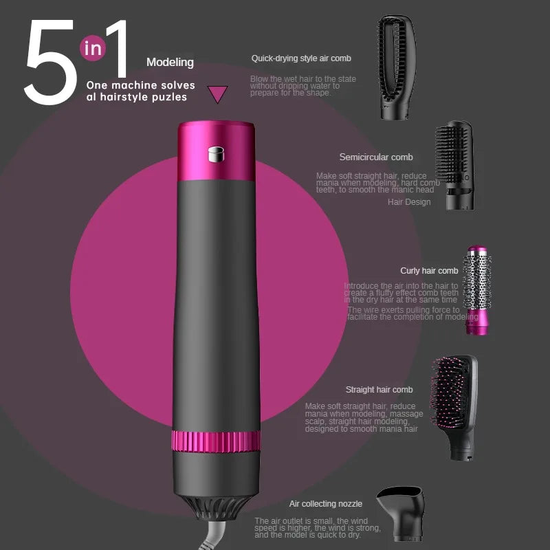5 in 1 Negative Ion Hot Air Brush Kit Hair Dryer with 5 Detachable Brush Heads for Straightening and Curling Styling. - SHOPPING YARD