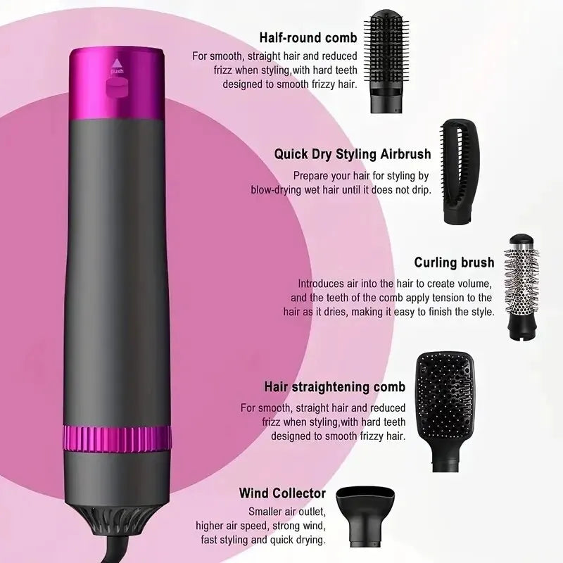5 in 1 Negative Ion Hot Air Brush Kit Hair Dryer with 5 Detachable Brush Heads for Straightening and Curling Styling. - SHOPPING YARD