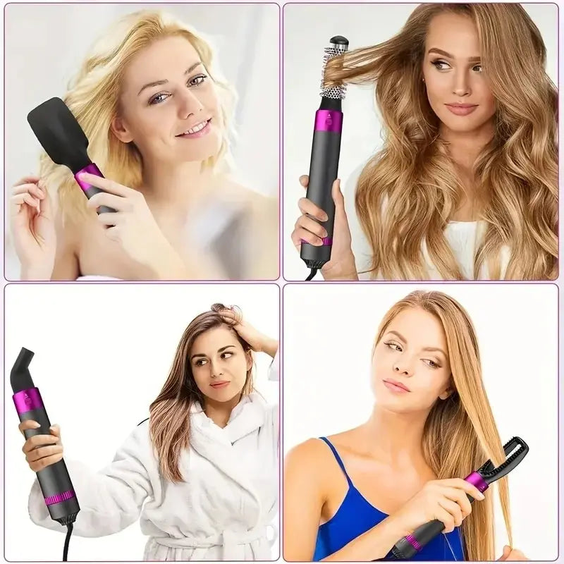 5 in 1 Negative Ion Hot Air Brush Kit Hair Dryer with 5 Detachable Brush Heads for Straightening and Curling Styling. - SHOPPING YARD