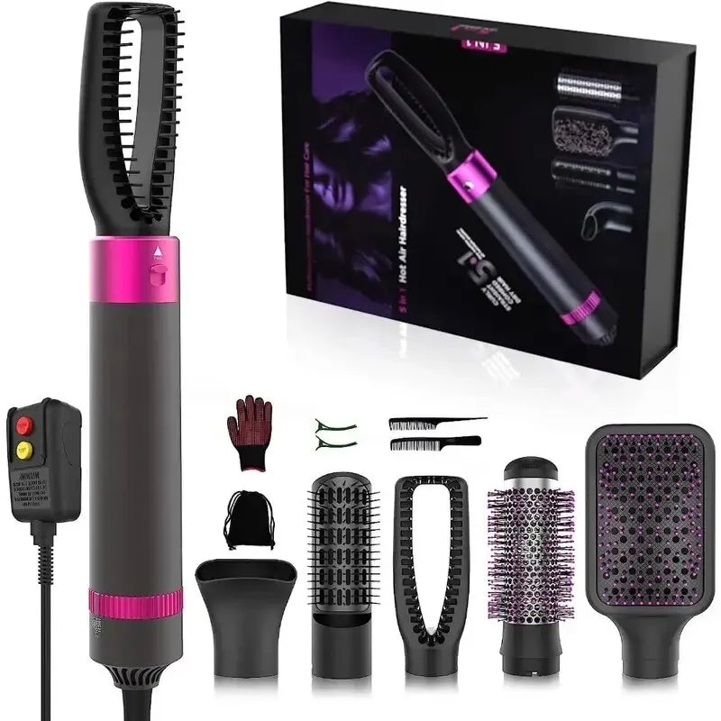 5 in 1 Negative Ion Hot Air Brush Kit Hair Dryer with 5 Detachable Brush Heads for Straightening and Curling Styling. - SHOPPING YARD