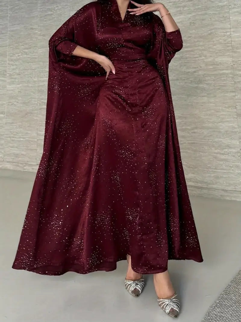 Elegant Burgundy Abaya Dress with Sequins