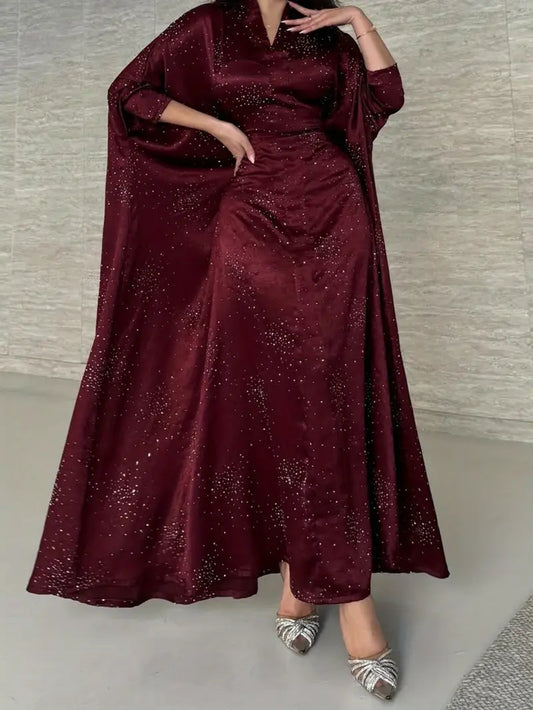 Elegant Burgundy Abaya Dress with Sequins