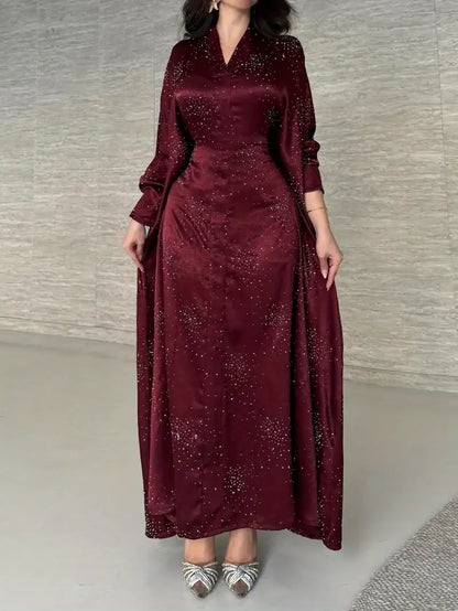 Elegant Burgundy Abaya Dress with Sequins