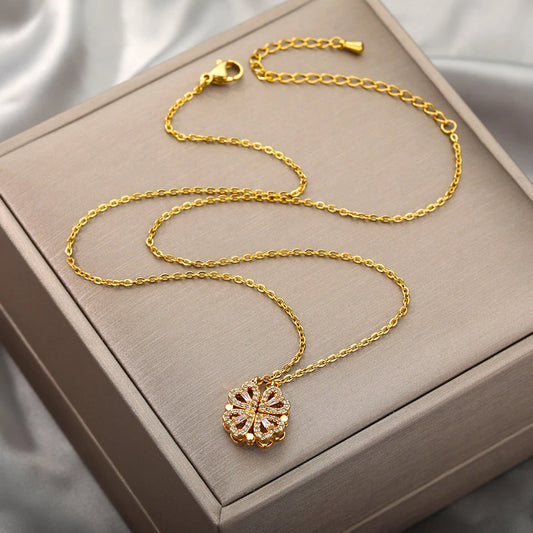 Real 18K Gold Plated Magnetic 4 Four Heart Pendant Leaf Clover Necklace
