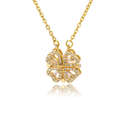 Real 18K Gold Plated Magnetic 4 Four Heart Pendant Leaf Clover Necklace
